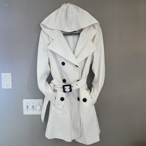 Women's Croft And Barrow White Hooded Trenchcoat XL Belted Double Breasted Rain